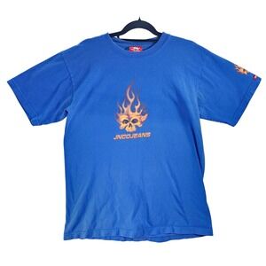 JNCO JEANS Skull Flames Graphic‎ T Shirt Blue Large Made in USA Vintage Y2K